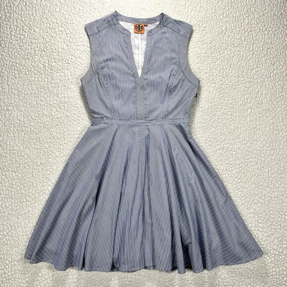 Tory Burch Talley Fit & Flare Dress Women’s 8 Blue Stripe Coastal Chic Preppy - Picture 1 of 12